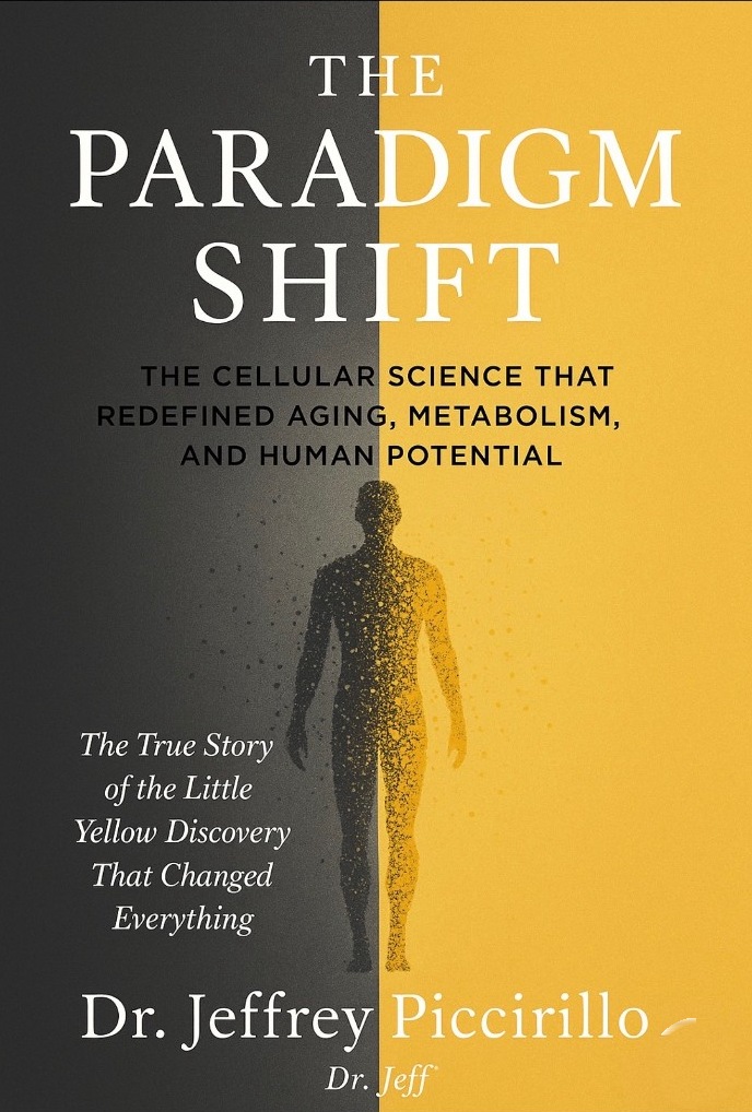 Cover of The Paradigm Shift by Dr. Jeffrey Piccirillo. A split black and gold jacket with a human figure made of particles.